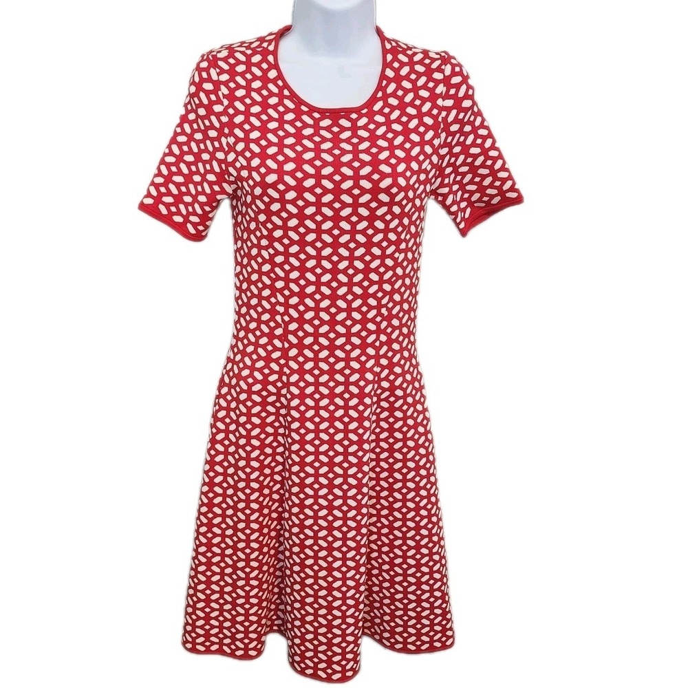 Pink Tartan Fit Flare Dress Womens XS Red White Geometric Dot Heavy Knit Office‎